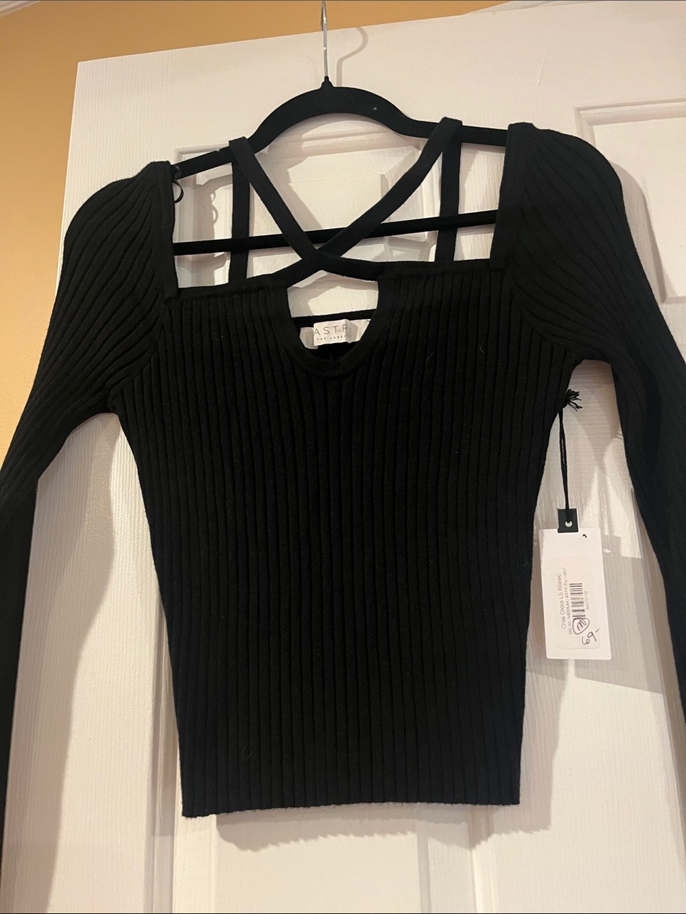 ASTR Black Ribbed Long-Sleeve Top with Crisscross Back